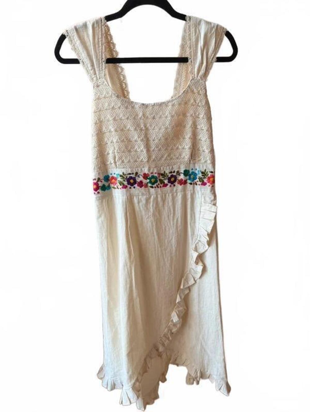 Vintage Cream Embroidered Floral Midi Dress with Crochet Top
